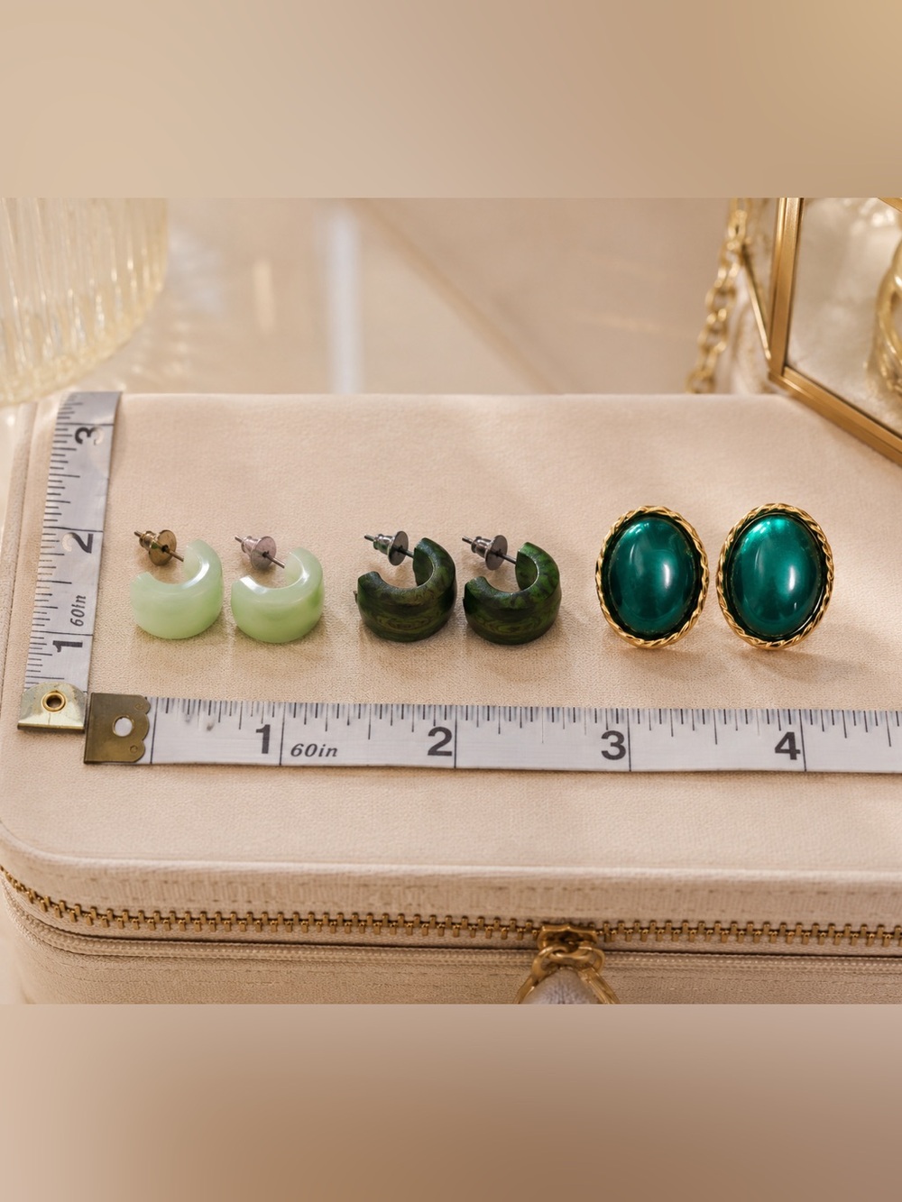 Vintage 80s Green Earrings Lot Mint Hoop Emerald Gold Tone Pierced Set